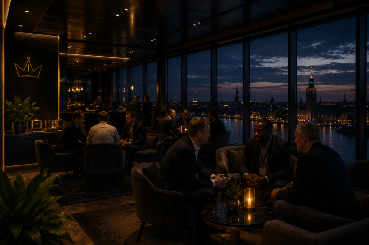 Basketball professionals networking in an upscale lounge with Stockholm skyline views
