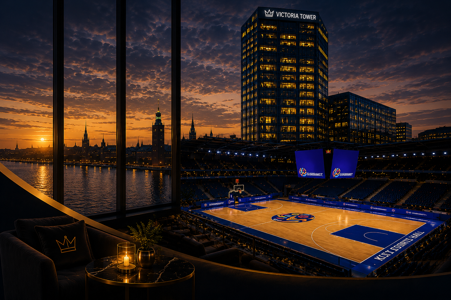 Luxury lounge overlooking the EuroBasket arena and Stockholm skyline at dusk