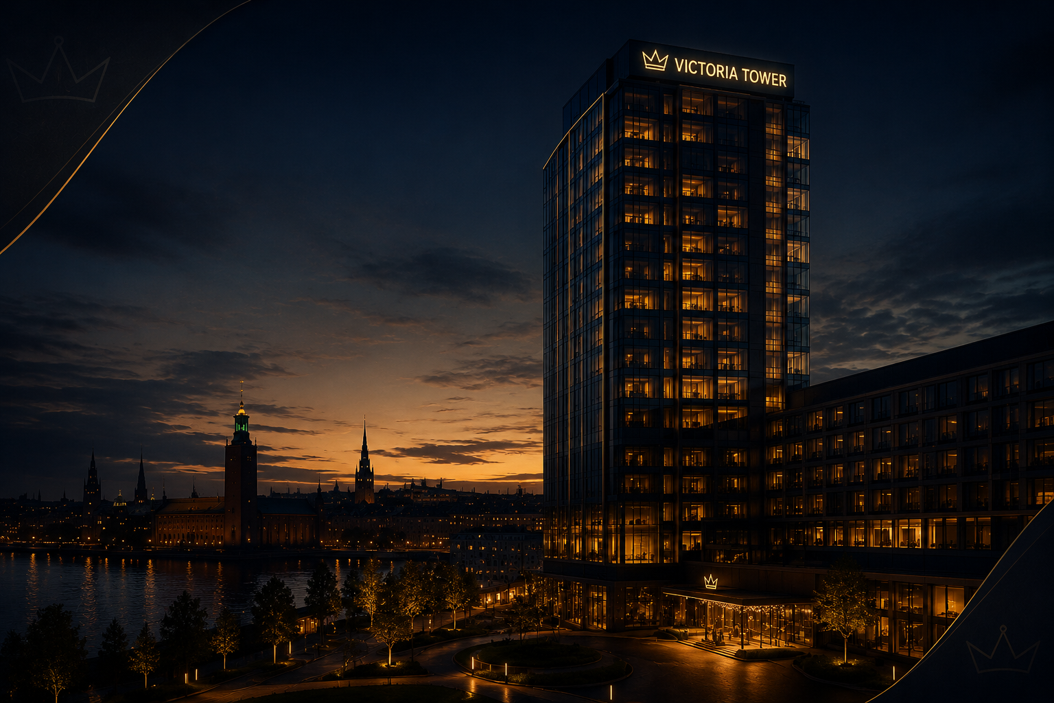 Victoria Tower hotel glowing over Stockholm at dusk near the tournament venue