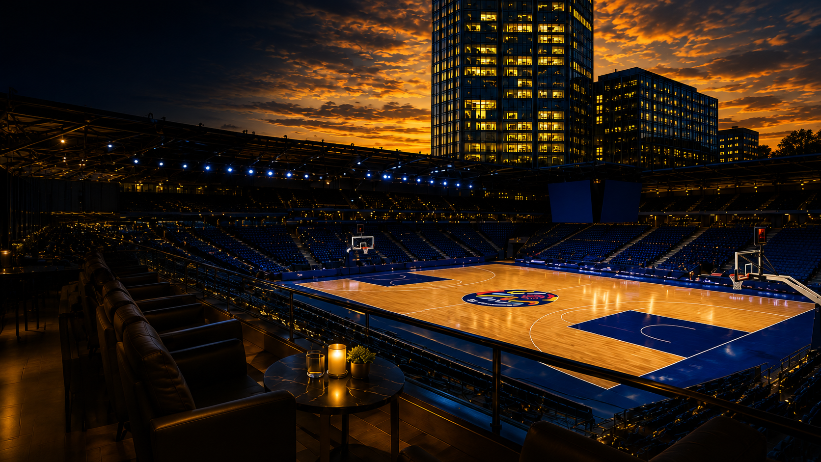 Courtside hospitality view across the EuroBasket arena at sunset
