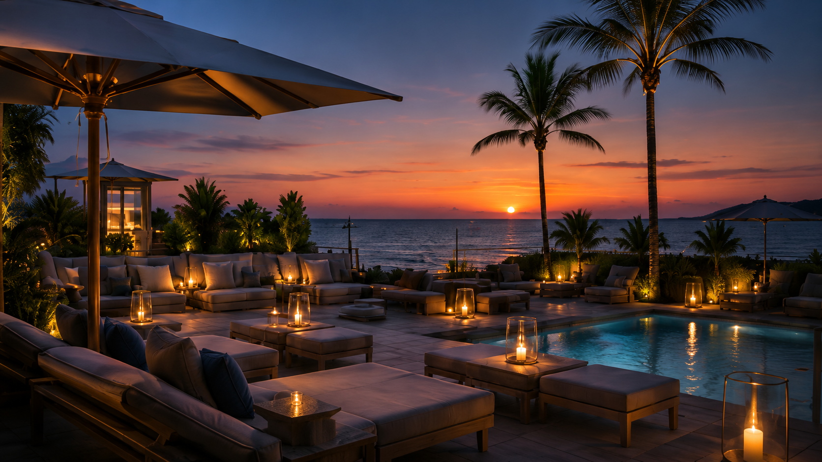 Sunset beach club lounge and pool at Ellery Beach House