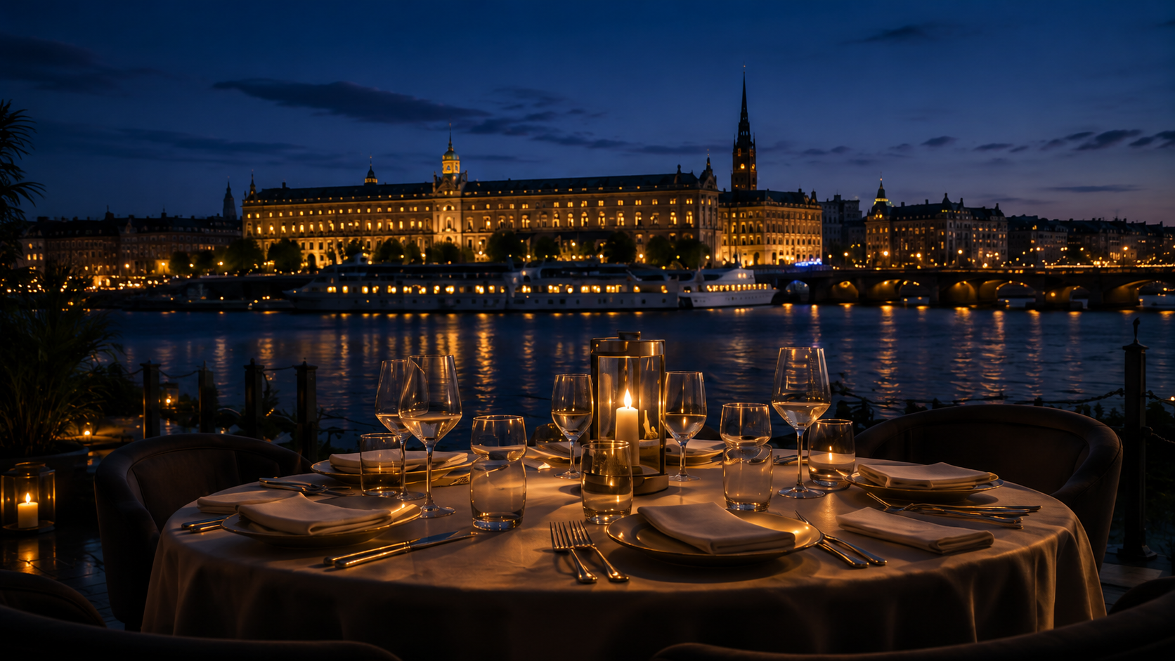 Candlelit dinner overlooking Stockholm waterfront at night